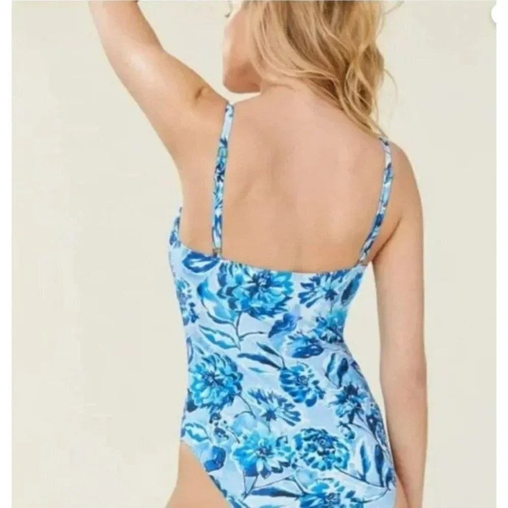 Andie Swim The Amalfi One Piece Swimsuit Bathing Suit Blue Floral‎ Size Large